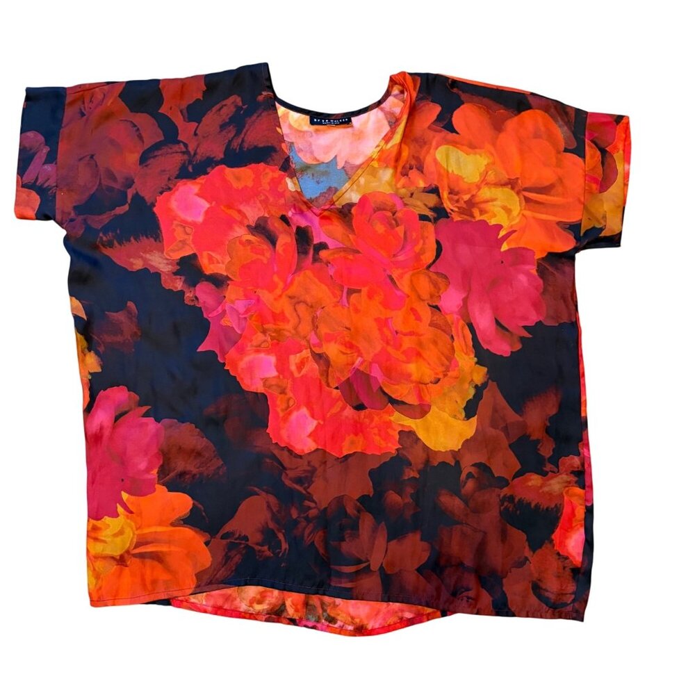 Bryn Walker M L Paola Tunic Lagenlook Oversized Top Shirt Floral Black Red